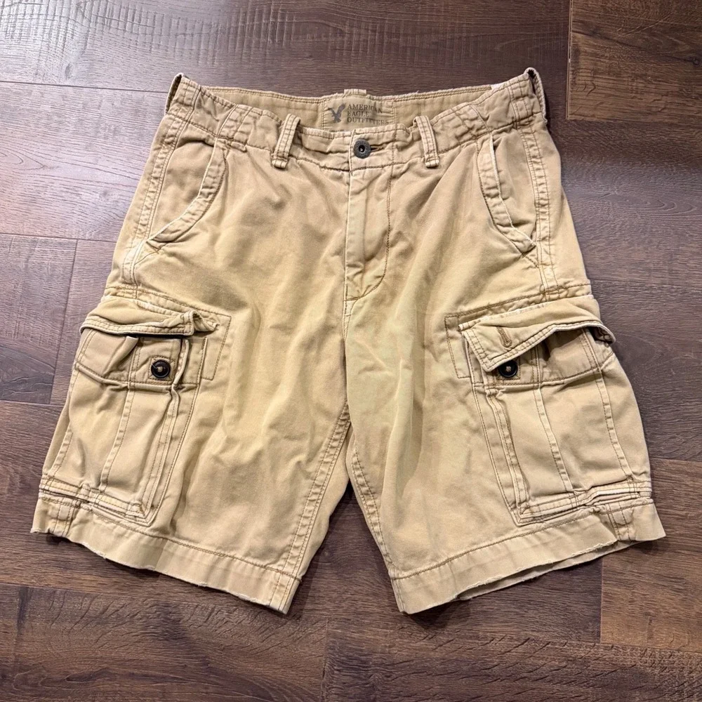 2000s American Eagle Men's 34 Tan Cargo Shorts Baggy Y2K Skater Utility